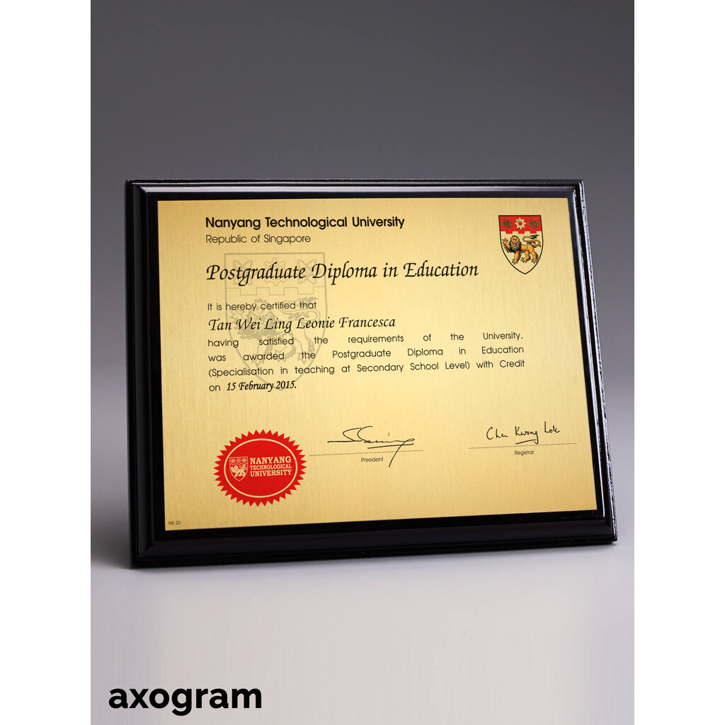 NTU degree certificate wooden plaque Axogram Singapore
