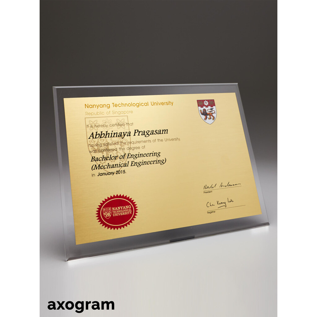 NTU degree certificate acrylic plaque Axogram Singapore