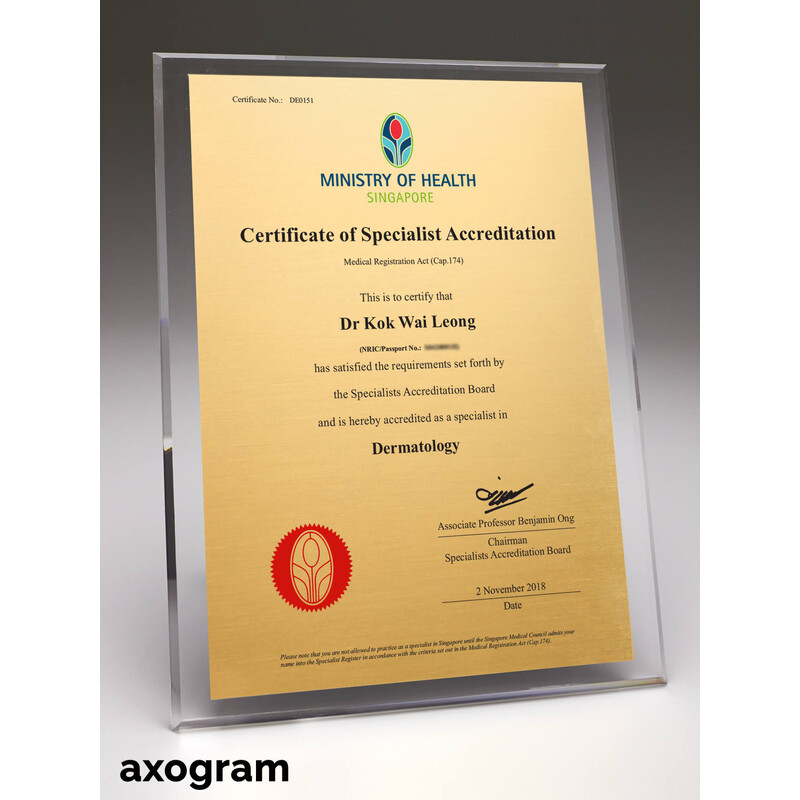 MOH accreditation certificate acrylic plaque Axogram Singapore MOH accreditation certificate acrylic plaque Axogram Singapore